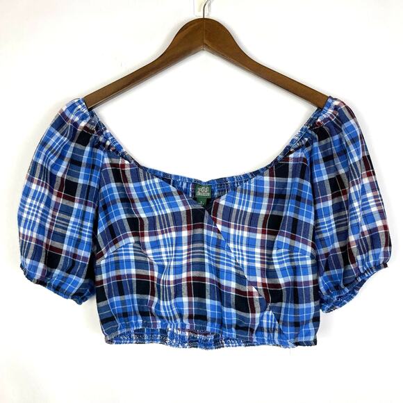 Wild Fable | NWT Blue Plaid Puff Sleeve Smocked Crop Top - Picture 1 of 6